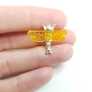 Vintage Little Bug Brooch with Yellow Wings, Silver Tone Dragonfly, Estate